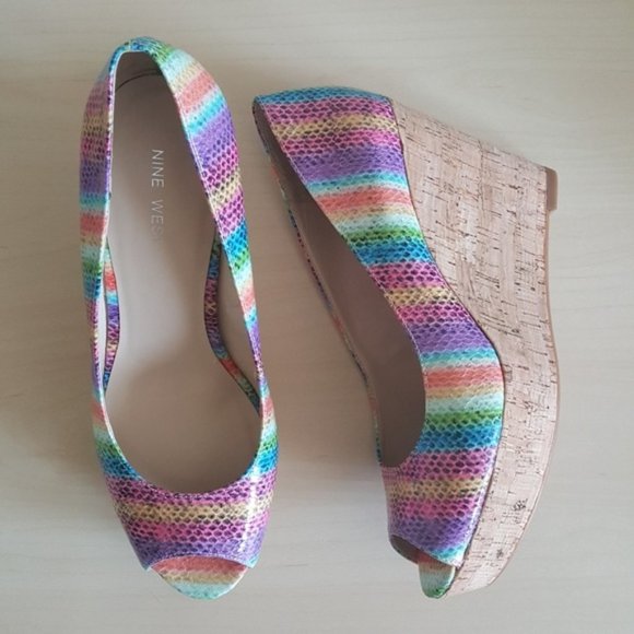 Nine West "Cheerful" Peep Toe Cork Wedges 7M - Picture 1 of 8